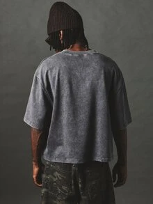 SUMWON Washed Boxy Crop Crew Neck Short Sleeve T-Shirt With Cursive Script Logo Print Front - Grey - View 2