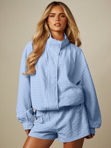 MISSGUIDED Oversized Grid Check Zip-Up Jacket With Mock Neck Balloon Sleeves And Centre Pocket Spring Casual Outerwear - Blue - View 1