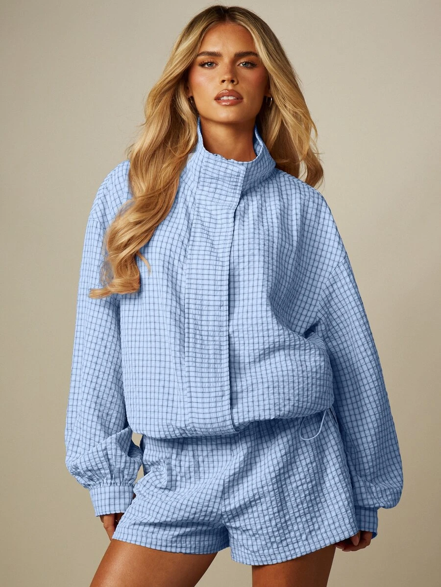 MISSGUIDED Oversized Grid Check Zip-Up Jacket With Mock Neck Balloon Sleeves And Centre Pocket Spring Casual Outerwear - Blue - View 1
