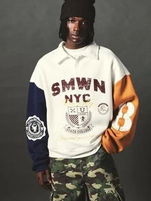 SUMWON NYC Varsity Color Block Rugby Collar Sweatshirt With Collegiate Sheild Badge Sleeve Number Graphic Print Oversized Fit - Multicolor - View 1
