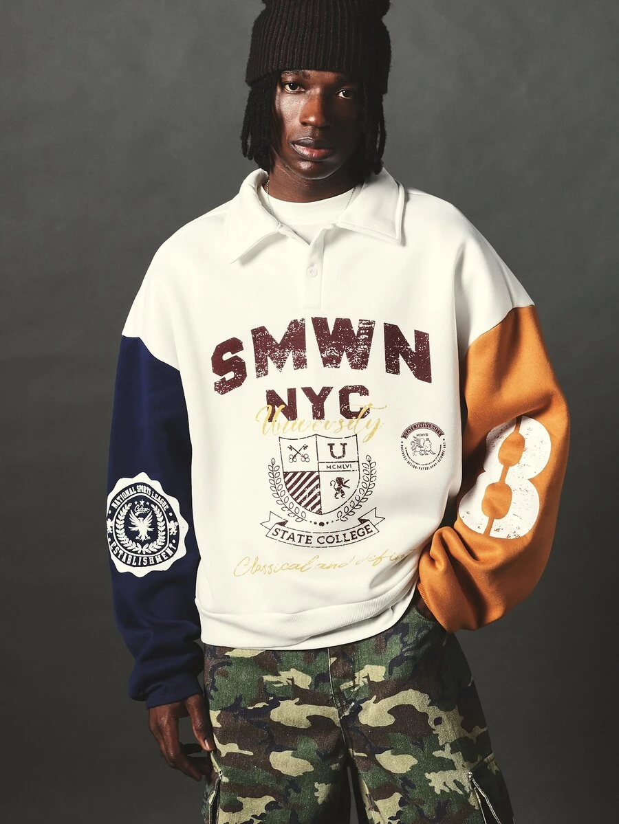 SUMWON NYC Varsity Color Block Rugby Collar Sweatshirt With Collegiate Sheild Badge Sleeve Number Graphic Print Oversized Fit - Multicolor - View 1