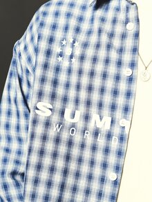 SUMWON Worldwide Plaid Checked Boxy Crop Shirt With Snap Buttons Spread Collar And Sheild Badge Print Long Sleeve Overshirt - Blue - View 7