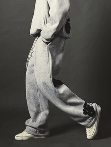 SUMWON Wide Leg Sweatpants With Bold Black Applique Script Leg Print Drawstring Waist Fleece Jogger Trousers Fall Winter Streetwear - Grey - View 2