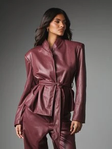 MISSGUIDED Faux Leather Belted Wrap Blazer Jacket With Stand Collar And Structured Shoulders For Fall Winter Occasions - Coffee Brown - View 5