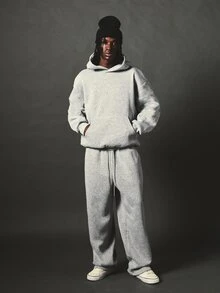 SUMWON Wide Leg Sweatpants With Bold Black Applique Script Leg Print Drawstring Waist Fleece Jogger Trousers Fall Winter Streetwear - Grey - View 3