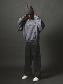 SUMWON Clube Oversized Acid Wash Hoodie With Cursive Script Chest Print And Flame Sleeve Graphics Pullover Winter Essential - Grey - View 3