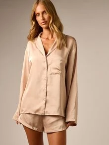 AiiRZ Satin Pajama Co-Ord Set Oversized Long Sleeve Button-Up Shirt And Mini Shorts With Elastic Waist And Pockets - Pink - View 6