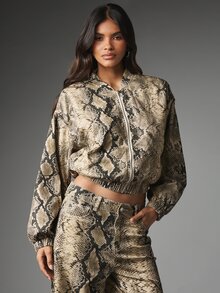 MISSGUIDED Jaket Bomber Pendek Motif Ular dengan Resleting Penuh, Kerah Tegak, dan Hem Elastis, Potongan Longgar, Lengan Panjang - MultiWarna - View 4