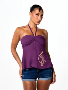 BABYPHAT SDBP913 - Y2K STYLE TIE NECK BANDEAU TOP - Purple - View 6