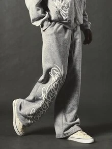 SUMWON Wide Leg Sweatpants With Oversized Cursive Script Leg Print Drawstring Waist Fleece Joggers Casual Streetwear Fall Winter - Grey - View 4