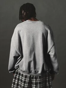 SUMWON Oversized Crew Neck Sweatshirt With Washed Finish And Bold Logo Graphic Print Long Sleeve Casual Pullover - Grey - View 2