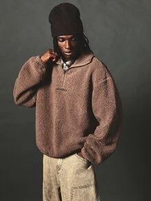 SUMWON Oversized Sherpa Half-Zip Sweatshirt With Embroidered Logo Fluffy Fleece Pullover Cozy Winter Essential - Coffee Brown - View 1