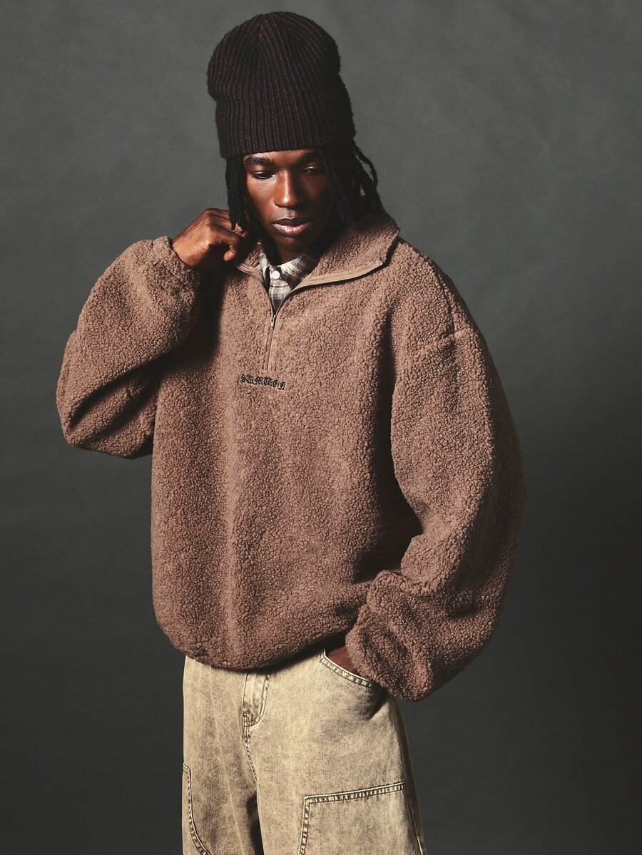 SUMWON Oversized Sherpa Half-Zip Sweatshirt With Embroidered Logo Fluffy Fleece Pullover Cozy Winter Essential - Coffee Brown - View 1