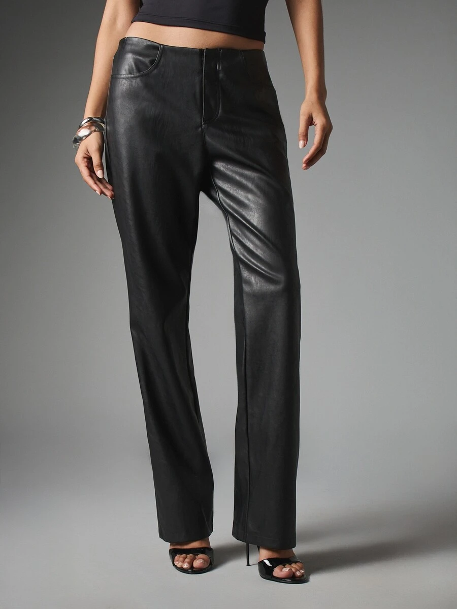 MISSGUIDED Celana Panjang Kulit Imitasi Model Lurus dengan Saku Samping, Elegan, Polos, Panjang Penuh, Gaya Pesta Malam Hari atau Liburan - Hitam - View 1