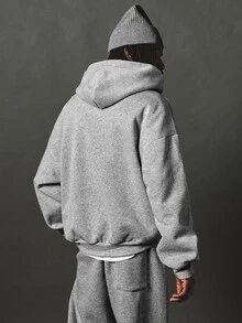 SUMWON Oversized Full-Zip Hoodie With Script Logo Print And Side Pockets Casual Fleece Sweatshirt For Fall Winter - Grey - View 2