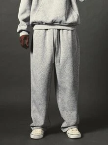 SUMWON Wide Leg Sweatpants With Bold Black Applique Script Leg Print Drawstring Waist Fleece Jogger Trousers Fall Winter Streetwear - Grey - View 4