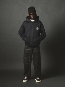 SUMWON Oversized Washed Hoodie With Gothic Cross Logo Chest Print And Warrior Statue Back Graphic Streetwear Pullover Fall Winter - Black - View 3