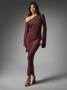 MISSGUIDED Gaun Bodycon Berkerut Satu Bahu dengan Lengan Lonceng, Gaun Malam Lengan Panjang Elegan untuk Pesta Musim Gugur dan Musim Dingin - Redwood - View 1