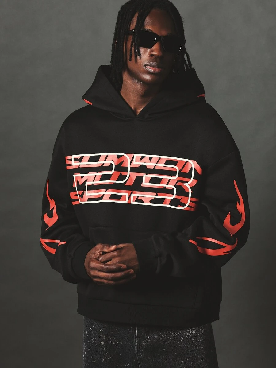 SUMWON Motorsport Oversized Hoodie With Bold Front Graphic Print And Flame Sleeve Detail - Black - View 1