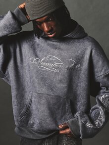 SUMWON Clube Oversized Acid Wash Hoodie With Cursive Script Chest Print And Flame Sleeve Graphics Pullover Winter Essential - Grey - View 5