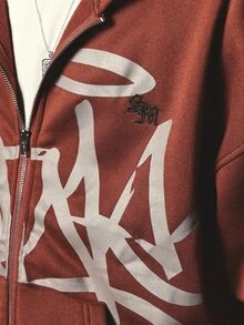 SUMWON Oversized Full-Zip Hoodie With Graffiti Tag Print Long Sleeve Urban Streetwear Fleece Jacket Fall Winter Casual Outerwear - Brown - View 6