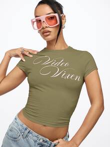 SUMWON WOMEN Fitted Crop Top With Cursive Video Vixen Script Print, Round Neck Short Sleeve Cotton Stretch Baby Tee, Spring Summer Essential - Khaki - View 6