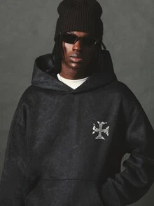 SUMWON Oversized Washed Hoodie With Gothic Cross Logo Chest Print And Warrior Statue Back Graphic Streetwear Pullover Fall Winter - Black - View 5