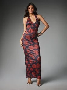MISSGUIDED Gaun Model Halter Neck Motif Bunga Mawar dengan Korset di Bagian Atas, Siluet Bodycon Tanpa Punggung, Cocok untuk Pesta Malam, Pernikahan Musim Panas, dan Acara Tamu. - MultiWarna - View 3