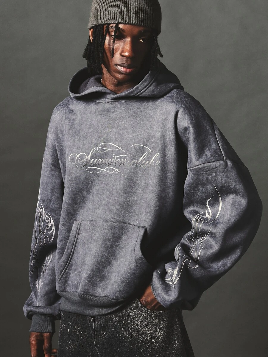 SUMWON Clube Oversized Acid Wash Hoodie With Cursive Script Chest Print And Flame Sleeve Graphics Pullover Winter Essential - Grey - View 1
