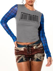 SUMWON WOMEN Priceless Barcode Graphic Print Crop Top With Plaid Long Sleeves Round Neck Color Block Fitted Tee Fall Winter - Grey - View 4