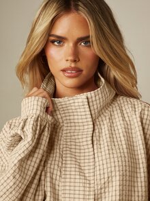 MISSGUIDED Oversized Grid Check Jacket With High Funnel Neck Blouson Sleeves And Drawstring Hem Autumn Winter Casual Outerwear - Apricot - View 5