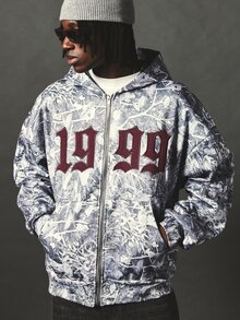 SUMWON 1999 Oversized Full-Zip Hoodie With Abstract Botanical AOP Print And Burgundy Old English Applique Text Front And Back - Multicolor - View 1