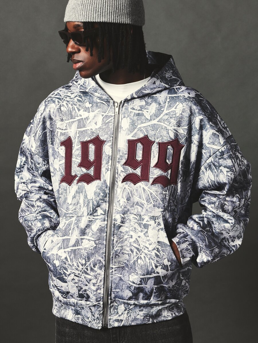 SUMWON 1999 Oversized Full-Zip Hoodie With Abstract Botanical AOP Print And Burgundy Old English Applique Text Front And Back - Multicolor - View 1