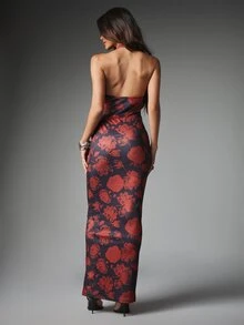 MISSGUIDED Gaun Model Halter Neck Motif Bunga Mawar dengan Korset di Bagian Atas, Siluet Bodycon Tanpa Punggung, Cocok untuk Pesta Malam, Pernikahan Musim Panas, dan Acara Tamu. - MultiWarna - View 2
