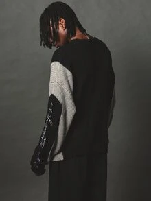 SUMWON Oversized Color Block Knit Sweater With Cursive Script Sleeve Embroidery Crew Neck Long Sleeve Chunky Streetwear Pullover Fall Winter - Black - View 2