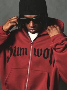 SUMWON Oversized Full-Zip Hoodie With Gothic Text Front Print And Sleeve Graphic Long Sleeve Fleece Sweatshirt Fall Winter - Red Violet - View 6