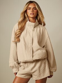 MISSGUIDED Oversized Grid Check Jacket With High Funnel Neck Blouson Sleeves And Drawstring Hem Autumn Winter Casual Outerwear - Apricot - View 1