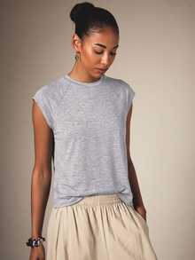 KSTM Heathered Cap Sleeve Crew Neck Top With Raglan Seam Detail - Casual Everyday Summer Essential Relaxed Fit Jersey Tee - Grey - View 1