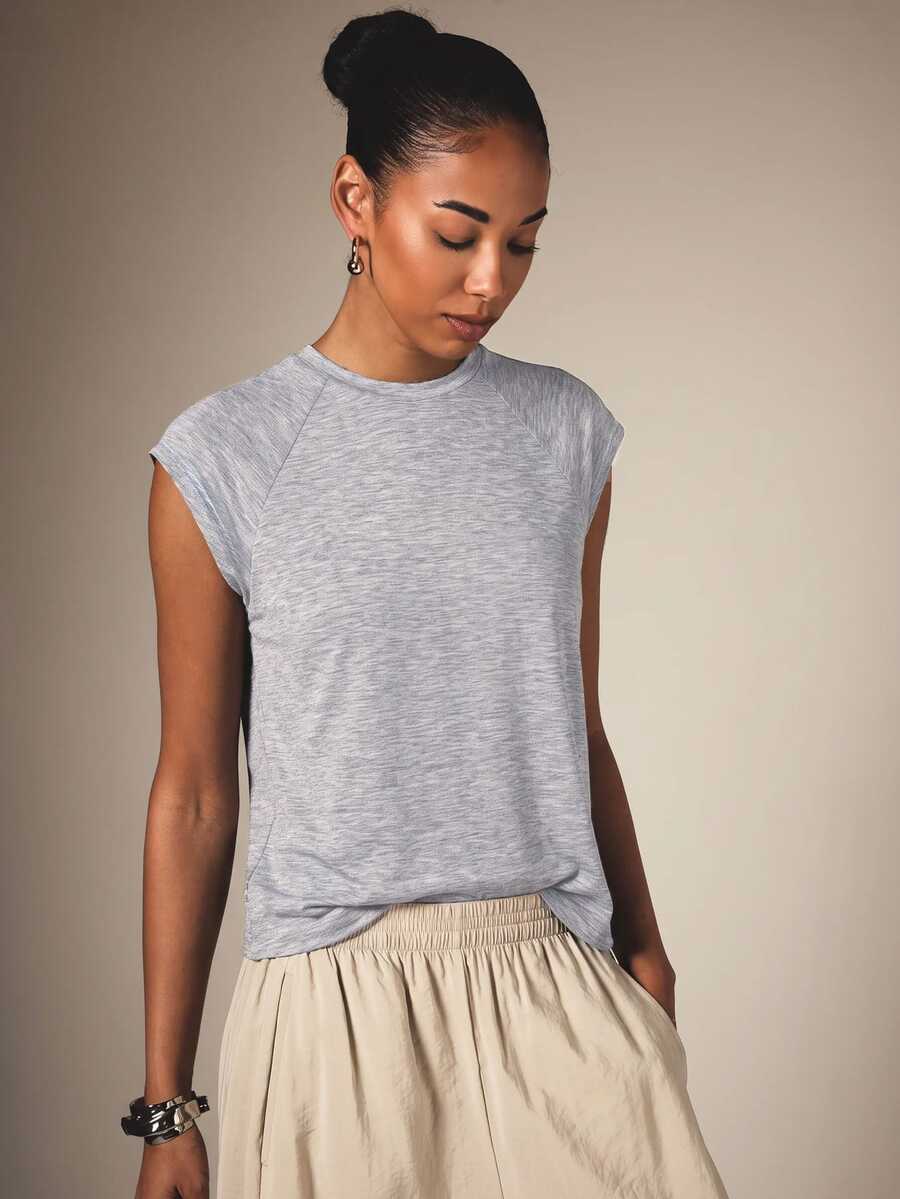 KSTM Heathered Cap Sleeve Crew Neck Top With Raglan Seam Detail - Casual Everyday Summer Essential Relaxed Fit Jersey Tee - Grey - View 1