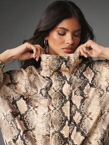 MISSGUIDED Snake Print Satin Cropped Bomber Jacket With Stand Collar Zip Closure And Balloon Sleeves For Fall Winter - Multicolor - View 5