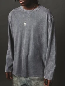 SUMWON Oversized Washed Long Sleeve Crew Neck Tee With Eagle Shield Back Graphic Print Vintage Style - Grey - View 5