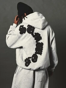 SUMWON Oversized Pullover Hoodie With Large Back Applique Gothic Script Logo Light Grey Marl Fleece Sweatshirt Fall Winter - Grey - View 1