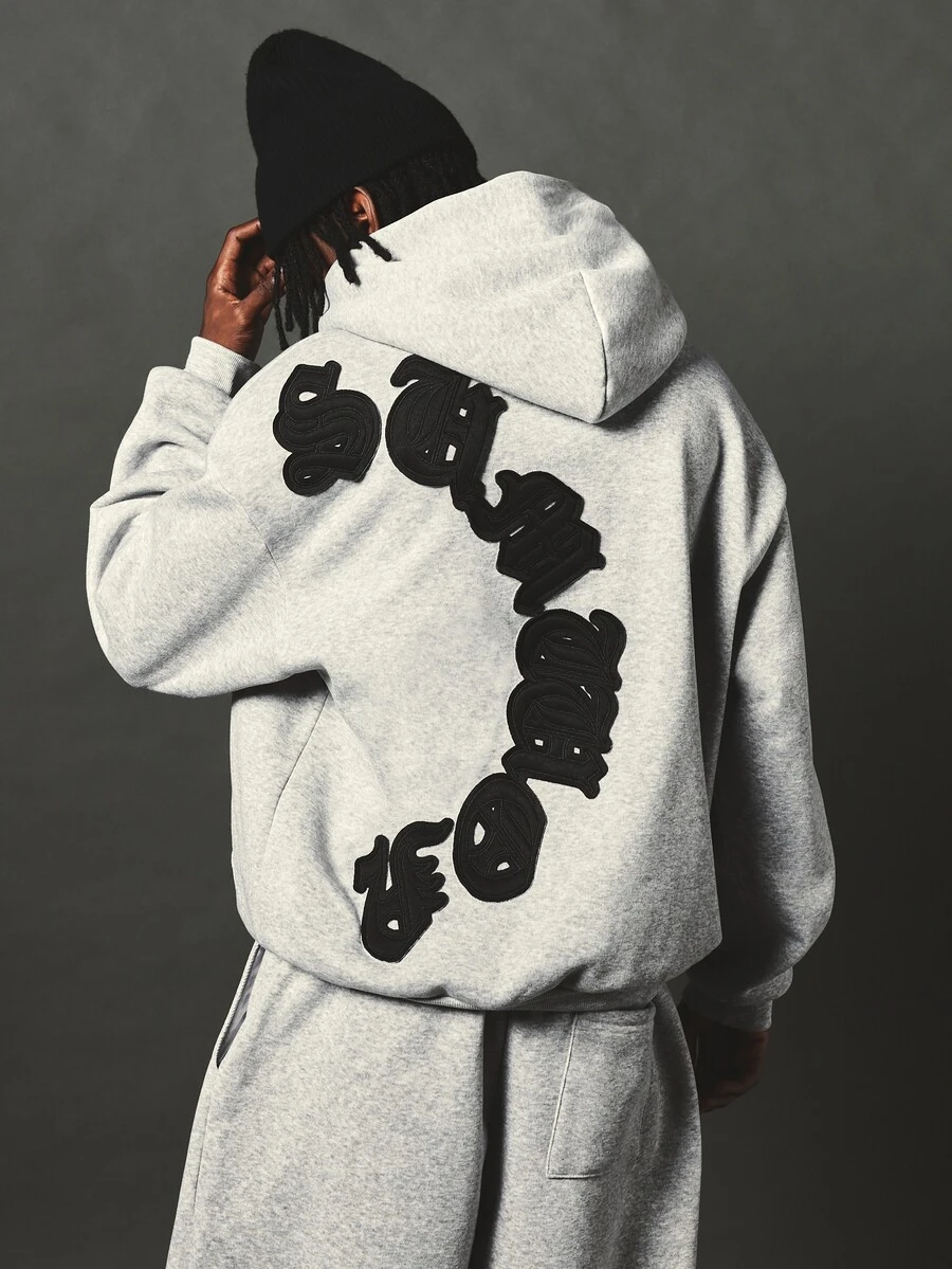 SUMWON Oversized Pullover Hoodie With Large Back Applique Gothic Script Logo Light Grey Marl Fleece Sweatshirt Fall Winter - Grey - View 1