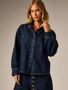 AiiRZ Dark Wash Denim Oversized Shirt With Collared Neckline Puff Long Sleeves And Button Front Closure Fall Winter Staple - Blue - View 5