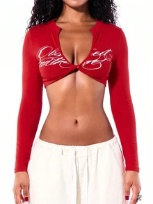 SUMWON WOMEN Long Sleeve Deep V-Neck Crop Top With Script Print Front Twist Detail Ultra Cropped Midriff Baring Party Top - Red - View 5