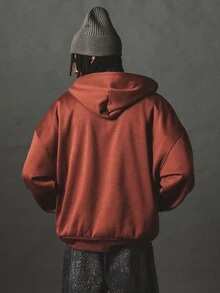 SUMWON Oversized Full-Zip Hoodie With Graffiti Tag Print Long Sleeve Urban Streetwear Fleece Jacket Fall Winter Casual Outerwear - Brown - View 2