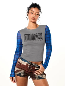 SUMWON WOMEN Priceless Barcode Graphic Print Crop Top With Plaid Long Sleeves Round Neck Color Block Fitted Tee Fall Winter - Grey - View 1