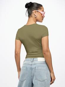 SUMWON WOMEN Fitted Crop Top With Cursive Video Vixen Script Print, Round Neck Short Sleeve Cotton Stretch Baby Tee, Spring Summer Essential - Khaki - View 2