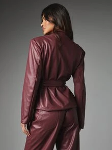 MISSGUIDED Faux Leather Belted Wrap Blazer Jacket With Stand Collar And Structured Shoulders For Fall Winter Occasions - Coffee Brown - View 2