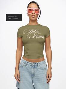 SUMWON WOMEN Fitted Crop Top With Cursive Video Vixen Script Print, Round Neck Short Sleeve Cotton Stretch Baby Tee, Spring Summer Essential - Khaki - View 9